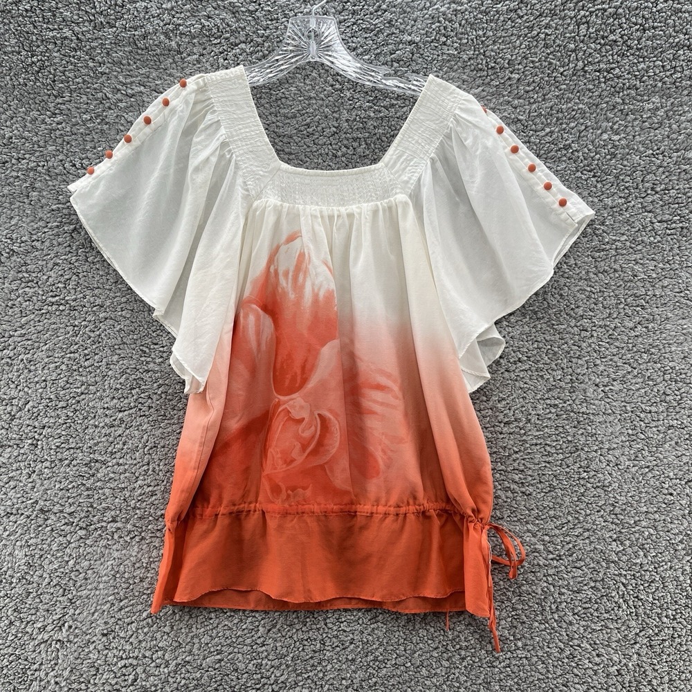 Tori Richard Blouse Womens 0 Orange Ombre Colorful Ruffle Hem Hana Peasant Top